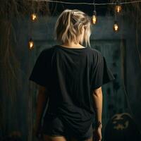 AI generated Girl model wearing black oversize t - shirt. halloween theme. Back view. modern style photo