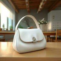 AI generative White woman bag on the wooden table, perfect to create mockup preview photo