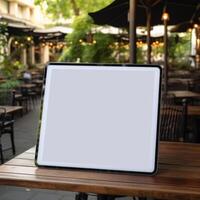 High quality photo of big tablet with blank screen on the table, perfect to create mockup preview