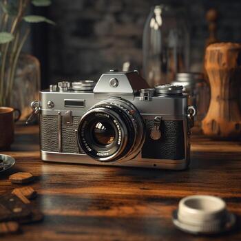 AI generative of High resolution photo of old analog camera placed on the table