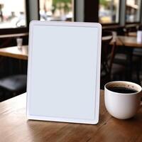 High quality photo of big tablet with blank screen on the table, perfect to create mockup preview