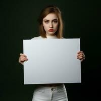 ai generado triste niña participación un blanco blanco tablero en oscuro antecedentes foto