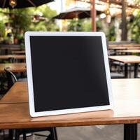 AI Generative High quality photo of big tablet with blank screen on the table, perfect to create mockup preview