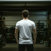 ai generativo un hombre vistiendo un llanura blanco t - camisa en el garaje frente a hacia atrás, Perfecto a crear camiseta Bosquejo foto