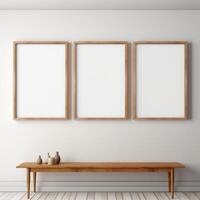 Real photo of white blank wood frame hung on the walls, hyper realistic