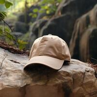 Photo of blank light brown baseball hat, ultra realistic, 8K, suitable to create hat mockup or cap mockup