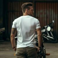 AI generative Photo of a man on the bike wearing a plain white t-shirt facing backwards