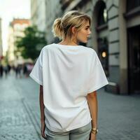 ai generado niña modelo vistiendo blanco blanco demasiado grande t - camisa. la calle. espalda vista. moderno estilo foto