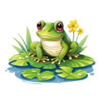 A cute frog seat on a lili flower leaf design, Ai Generated png