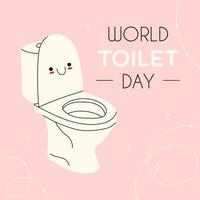 World Toilet Day. November 19. Template for background, banner, card, poster with text inscription. White toilet bowl with a kawaii face on a pink background. Hand drawn colored illustration photo