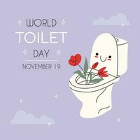 mundo baño día. noviembre 19 modelo para fondo, bandera, tarjeta, póster con texto inscripción. blanco baño cuenco con un kawaii cara en un púrpura antecedentes con flores foto