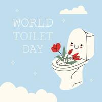 World Toilet Day. November 19. White toilet bowl with a kawaii face and flowers on a blue background with clouds. Template for background, banner, poster with text inscription. photo