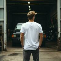 AI generative A man wearing a plain white t - shirt on the garage facing backwards, perfect to create tshirt mockup photo