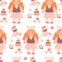 Children toys seamless pattern. redhead doll girl png