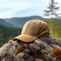 Photo of blank light brown baseball hat, ultra realistic, 8K, suitable to create hat mockup or cap mockup