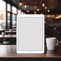 AI Generative High quality photo of big tablet with blank screen on the table, perfect to create mockup preview