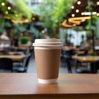 AI generative Brown Paper Coffee Cup, On a Wooden Table, with blur background of cafe, hyper realistic photo