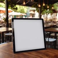 High quality photo of big tablet with blank screen on the table, perfect to create mockup preview