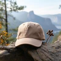 Photo of blank light brown baseball hat, ultra realistic, 8K, suitable to create hat mockup or cap mockup