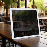 High quality photo of big tablet with blank screen on the table, perfect to create mockup preview