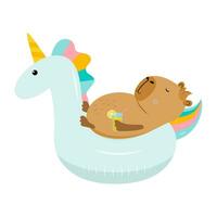 Funny capybara with a glass of juice in inflatable unicorn circle vector