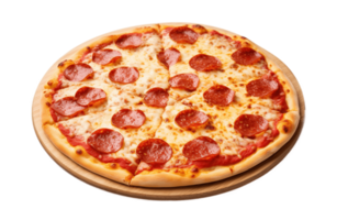 nyligen bakad pepperoni pizza isolerat på transparent bakgrund. png fil, skära ut. ai genererad