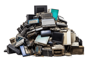 E-waste heap for recycling isolated on transparent background. PNG file, cut out. AI Generated