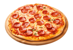 Freshly baked pepperoni pizza isolated on transparent background. PNG file, cut out. AI Generated