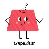 Vector red trapezium character. Cute geometric figure with face, blush. Cute funny smiling shape character for kids and children. Trapezoid poster for school and kindergarten. Kawaii baby trapezium.