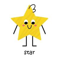 Vector yellow star character. Cute geometric figure with face and blush. Cute funny smiling shape character for kids and children. Star poster for school and kindergarten. Kawaii baby star.