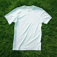 AI generative High quality of Blank white t-shirt on the green grass, perfect for mockup preview photo