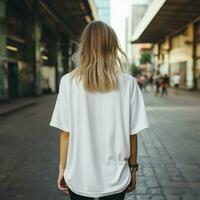 ai generado niña modelo vistiendo blanco blanco demasiado grande t - camisa. la calle. espalda vista. moderno estilo foto