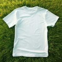 AI generative High quality of Blank white t-shirt on the green grass, perfect for mockup preview photo