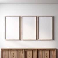 Real photo of white blank wood frame hung on the walls, hyper realistic