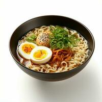 ai generativo de un delicioso ramen en el bol, blanco antecedentes foto