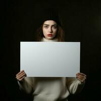 AI generated Sad girl holding a blank white board in dark background photo