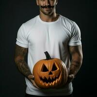 AI generative Photo of a man holding halloween pumpkin in hand, wearing a plain white t-shirt