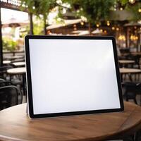 High quality photo of big tablet with blank screen on the table, perfect to create mockup preview