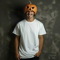 AI generated Man wearing blank white t - shirt, wearing Big halloween pumpkin mask photo