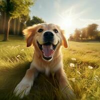 ai generativo alto calidad foto de un contento perro jugando pelota en el césped