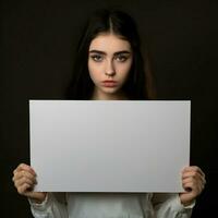 AI generated Sad girl holding a blank white board in dark background photo