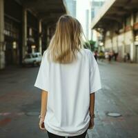 ai generado niña modelo vistiendo blanco blanco demasiado grande t - camisa. la calle. espalda vista. moderno estilo foto