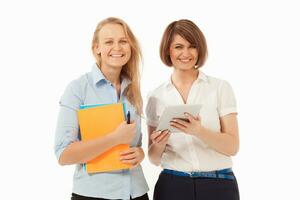 Two colleagues smiling at camera against of white background photo