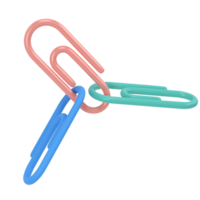 Three clips 3d icon school. Volumetric tool for paper and documents. Blue, pink and green sturdy holder for attaching drawings and sketches. Staple for stationary binder for office and home accessory png