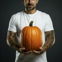 ai generativo foto de un hombre participación Víspera de Todos los Santos calabaza en mano, vistiendo un llanura blanco camiseta