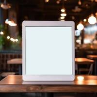 High quality photo of big tablet with blank screen on the table, perfect to create mockup preview
