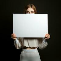 AI generated Sad girl holding a blank white board in dark background photo