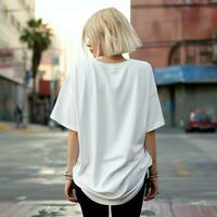 AI generated Girl model wearing blank white oversize t - shirt. LA street. Back view. modern style photo