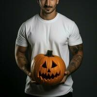 AI generative Photo of a man holding halloween pumpkin in hand, wearing a plain white t-shirt