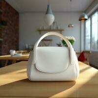 AI generative White woman bag on the wooden table, perfect to create mockup preview photo